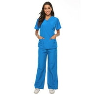 Miayilima Blue XXXL ženske pantalone odijelo + hlače rukav radni set za radno mjesto V-izrez kratke ženske odijele i setovi