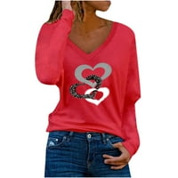Žene Ležerne prilike plus veličina labava bluza jesen vrhovi ženski V vrat Print Stitch Love Duater majica Red XL