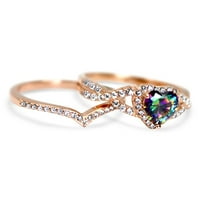Laraso & Co Carat Simulirana Rainbow Topaz Heart Wedding Ring Set 14K Rose pozlaćena sterling srebrna Veličina 12