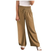 HHEI_K Ženske modne čvrste ravne pantalone Loose Ležerne pantalone Srednja struka Veži široke noge hlače