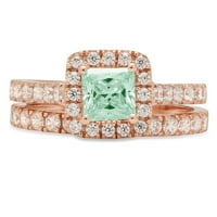 2. CT sjajan princezoni rez simulirani zeleni dijamant 18k Rose Gold Halo Pasijans sa akcentima Bridal Set SZ 8