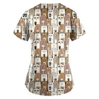 Bluze za žene Fit ženske majice Personalizirani slatki tisak kratkih rukava V-izrez Top radne uniforme Džepne vrhove Dame Top svijetlo smeđa 2xl