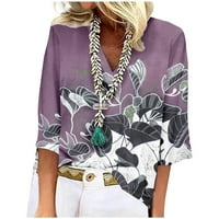 Ženska plaćanje veličine Ženska modna tiskana labava majica rukava bluza v vrat casual vrhovi ljubičasta