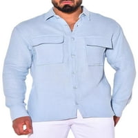 TENMI bluza za muškarce pamučno posteljina spuštane ručne majice s dugim rukavima s džepom crne s