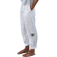 Ljetne pantalone za ženske povremene pamučne posteljine tiskani elastični struk labavi fit džepovi pantalone dame lagane hlače