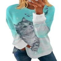Avamo dame Tee Cat Print T-majica Crew Crt Majica Radni ležerni tunički bluza Labavi dugi rukav svijetlo