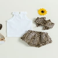 SUNISERY BABY Girls Ljeto odijelo Leopard Print Heart Rib Knit tenkovi Tors Ruffles Hratke za glavu