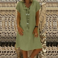 Žene plus veličina haljina labava V-izrez ljeti čvrsti kratki rukav pamuk i posteljina haljina zelena