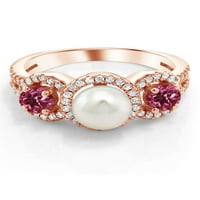Gem Stone King 1. CT okrugli ružičasti turmalin 18K ružičasti pozlaćeni srebrni kultivirani slatkovodni biserni prsten