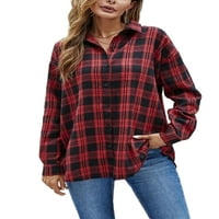 Nizieer za žene majice dolje bluza rever na vrhu Ležerne prilike tuničke košulje Plaid Red XL