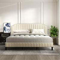King krevet, moderan tapecirani krevet sa zakrivljenim uzglavljem, okvir kreveta od punog drveta s drvenim