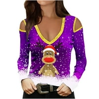 Ženska klasična sreća za božićnu košulju, pulover životinjskog pahuljica i ljupki za jelena božićni ekran van ramena vrhovi trube dugih rukava majica ljubičasta xl