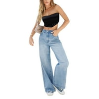 Domingbub Žene Visoke struk široke noge Jeance Ravne Deminske hlače Baggy Streetwear Labavi pantalone tamno plava 2xl