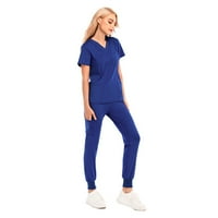 Pgeraug pantalone za žene kratki rukav V-izrez + hlače Radna uniforma sa džepom set Jumpsuitsi za žene Plavo l