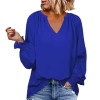 Puawkoer ženski vrhovi ruffle dugih rukava tunik Dressy bluze casual v izrez košulje žene s plavom bojom