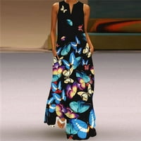 Clearsance Ljetne haljine za žene bez rukava otisnuta moda Maxi A-line Notch Dress Dreck Blue 5xL