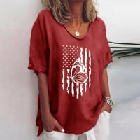 Ženske vrhove Žene Ljeto Neovisnosti Dnevni uzorak Bluza Okrugli vrat Kratki rukav udobni majica crveni