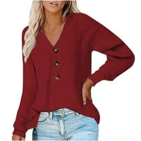 Homenesgenics dugi džemperi za žene, povremeni džep dugih rukava pleteni džemper od pulover V-izrez