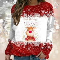 Rollbacks Womens Božićne majice s dugim rukavima Crewneck pulover Xmas Elk Grafički ispis Dukserica za žene Teen Girls Modna odjeća Crvena XXXXXL