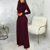 Žene dugih rukava TURTLENECK kombinezon za casual radne elegantne čvrste boje labave široke pantalone za noge koktele rompers