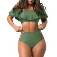 Daznicono Ženska ruffled off ramena uska čvrsta boja Split plus veličina dva bikini set kupaći kostimi šuplji kupaći kostim odjeća za plasku zelene xl