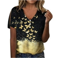 StMixi majice za žene kratki rukav V-izrez leptir ljetni osnovni vrhovi modni gumb hladnog ramena Loop