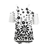 Trendy Clearance Žene Ljetni kratki rukav Basični vrhovi V-izrez Hladne ramena košulje cvjetni print casual labavi fit bluze crni xxl
