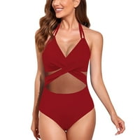 Ženska solidna boja Jednodijelni viseći vrat Halter bikini kupaći kostim vino s