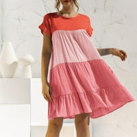 Daznico dame Ljeto okruglo šivanje vrata labave haljine Color Contrast Ruffle s kratkim rukavima Žene ljetne haljine Pink XL