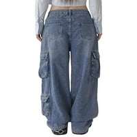 Ženske labave teretne pantalone sa malim strukom široke ravne noge dečke jean pantalone sa džepovima