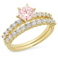1. CT okrugli rez ružičasti simulirani dijamantski gem pravi 14k žuto zlato prilagodljivo laserski graviranje vječnoj umjetničkoj umjetnosti deco izjava obdarnici vjenčanja Angažman mladenke Bridalni prsten set veličine 8