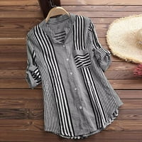 Bluze s gumb-dolje košulje za žene dugih rukava plus veličine tri četvrtine prugasti ispis V-izrez labavo postavljanje top majica