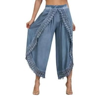 IOPQO široke pantalone za noge Žene posteljine pantalone dame pune boje casual džep labavi pamučni patchwork