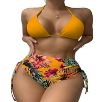 HAITE Dame kupaći kostimi cvjetni print plivajući bikini setovi bez rukava s rukavima s rukavima tri žene bez žice pune boje BRA seksi halter vrat žuti xl