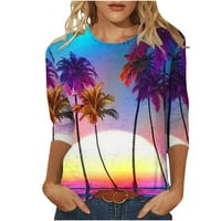 Majice za žene za žene Tropsko print Summer Casual Graphic Crew Crt Majice Slatka palma Sunset Uzorak