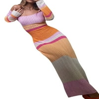 Ženska seksi karoserija Maxi haljina prugasta ramena Vintage dugih rukava Patchwork Crochet pletena
