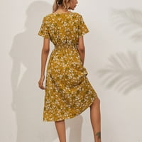 Ženske haljine V-izrez Srednji duljina casual with tiskana kratka rukava ljetna haljina žuta l