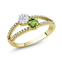 Gem Stone King 18k žuti pozlaćeni srebrni zeleni peridot prsten sa moissineom