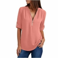 Hoksml Womens Proljeće Modne ženske ljetne majice s dugim rukavima Zip Casual Tunic V-izrez Čvrsta bluza