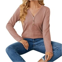 Anuirheih ženski pleteni džemper casual labav fit čvrsta boja okrugli vrat dugih rukava rebrani pleteni pulover zimski ležerni vrhovi