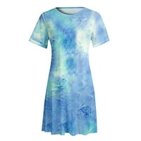 Ljetne haljine za žene Trendy tiskani okrugli dekolte A-line kratka haljina s kratkim rukavima plava