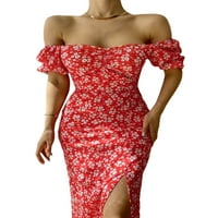 Wsevypo Ženska haljina Bodycon Haljina kratki rukav cvjetni print Ruched prednja bedra Split Party haljina