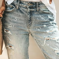 Ženske povlačenje na hlačama džepni gumb Srednji struk mršavi rupe rupe rupe traper hlače svijetlo plava
