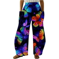 Fartey Ženske hlače široke noge Ljeto Leptir Print Elastične strugove sa džepovima Lounge Beach Thangers