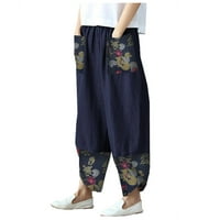 Posteljine hlače za žene casual cvjetovi Ispiši pamučne lanene vučne strugove duge hlače s elastičnom
