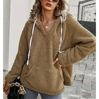CLLIOS ženska casual moda pulover solidne boje kontrast plišana povremena odjeća s dugim rukavima V-izrez