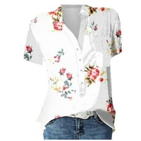 Hanas vrhovi ženske ljetne vintage majice, seksi V rect majice kratkih rukava, cvijeće i retro tiskani gumb uz gornji dio tee sa džepom bijeli xxl