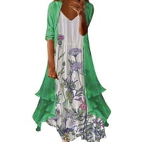Holloyiver Plus Veličina Maxi haljine za žene Ispis Bliskih rukava Boja podudaranja Maxi haljina V-izrezana vitka-fit elegantna fit & flare haljina zelena
