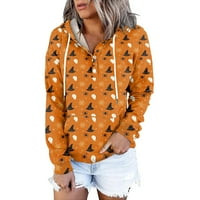 Duks za žene s dugim rukavima V vrat Halloween Print vrhovi Grafički kapuljač majice bluza narančasta