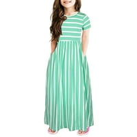 Djevojke oblače djevojke okrugli vrat kratki rukav prugasta haljina za ispis djece odijevanje odjeća cvijeća djevojka haljina zelena 7- godina